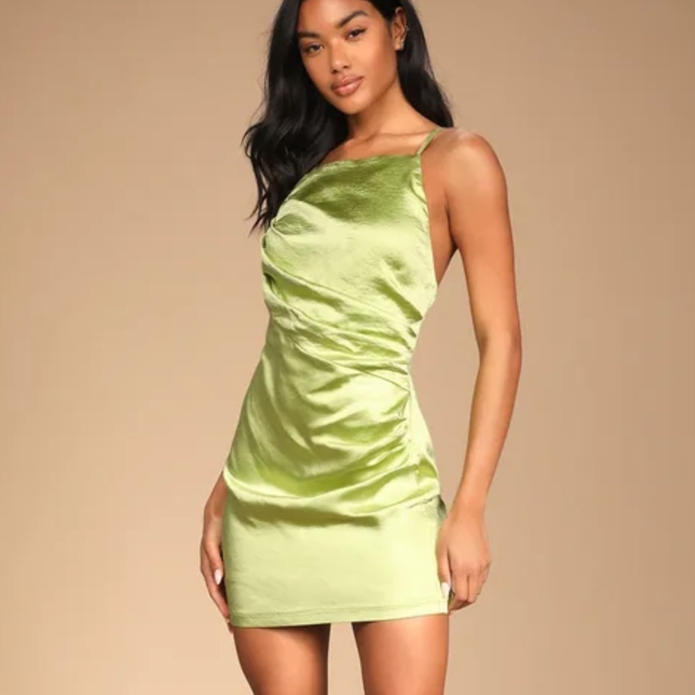 NEW! Lime Green Satin Ruched Bodycon Mini Dress